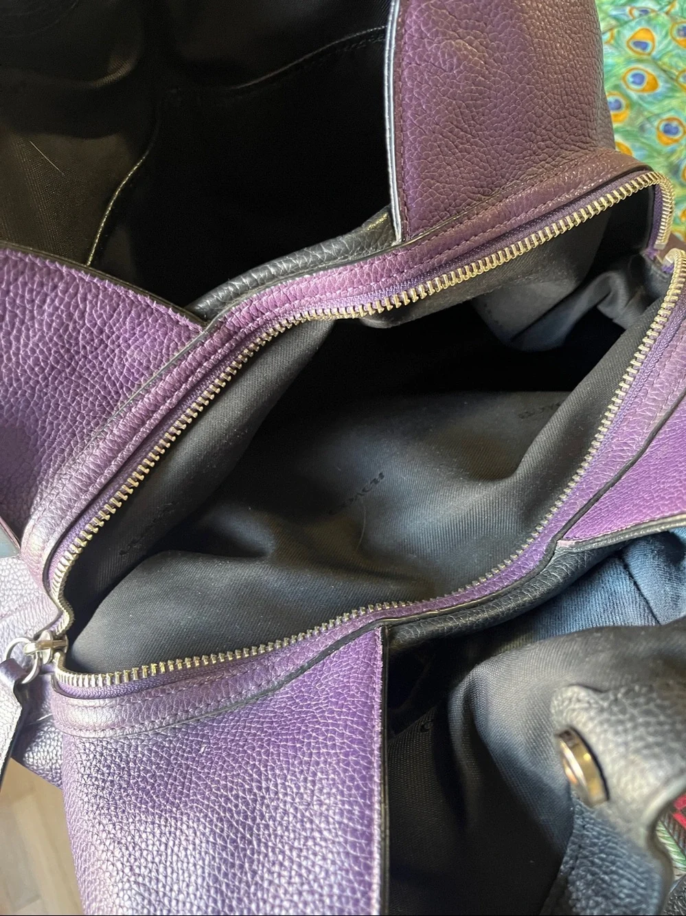 Coach Pebbled Leather Shoulder Bag in Purple with Black Handles